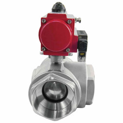 Кран шаровой BV3232P(4pc)-SP-3WL-T-ISO-H Ду25 Ру63 стандартнопроходной L-тип, трехходовой, нержавеющая сталь SS316, внутренняя резьба, уплотнение - PTFE, с пн.приводом PA-SA-052 c пн.распределителем 4M310-08 AC220V