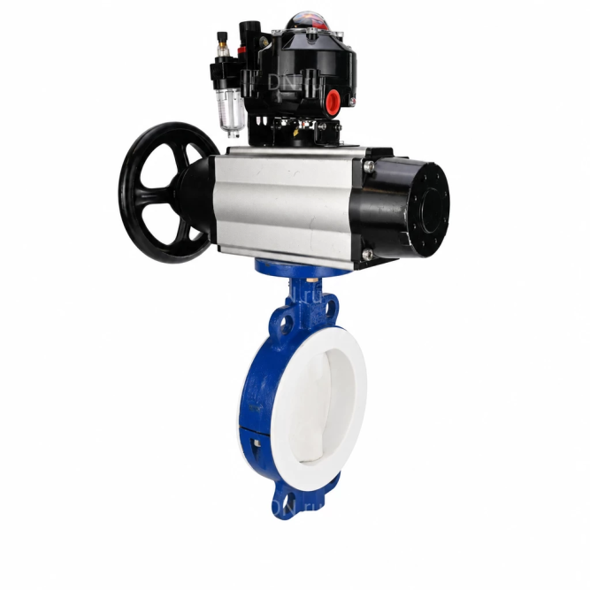 Затвор дисковый поворотный WBV3434Pf-2W-Fb-R Ду200 Ру16, корпус - угл. сталь WCB, диск - угл. сталь WCB, футерованный PTFE, уплотнение - PTFE, с пневмоприводом PA-DA-105-1, пневмораспределителем 4M310-08 AC220V, БКВ APL-510N EX и БПВ AFC2000