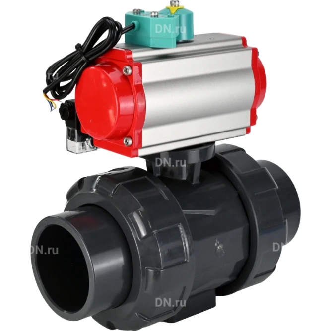Кран шаровой BV4242E-FP-GRM-ISO Дн40 Ру10 полнопроходной, корпус - НПВХ, шар - НПВХ, уплотнение - EPDM, с пневмоприводом PA-SA-065, пневмораспределителем 4M310-08 DC24V и магнитным переключателем ALS200D