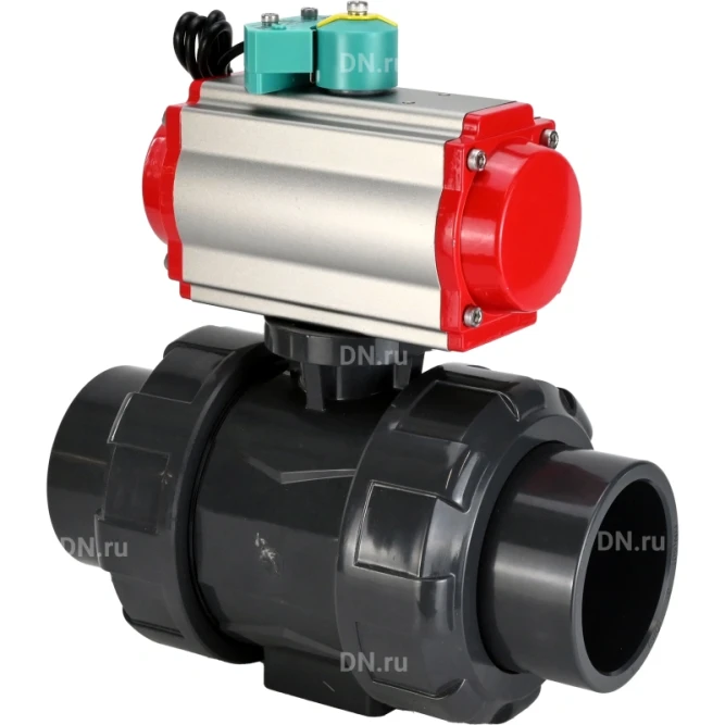 Кран шаровой BV4242E-FP-GRM-ISO Дн40 Ру10 полнопроходной, корпус - НПВХ, шар - НПВХ, уплотнение - EPDM, с пневмоприводом PA-SA-065, пневмораспределителем 4M310-08 DC24V и магнитным переключателем ALS200D