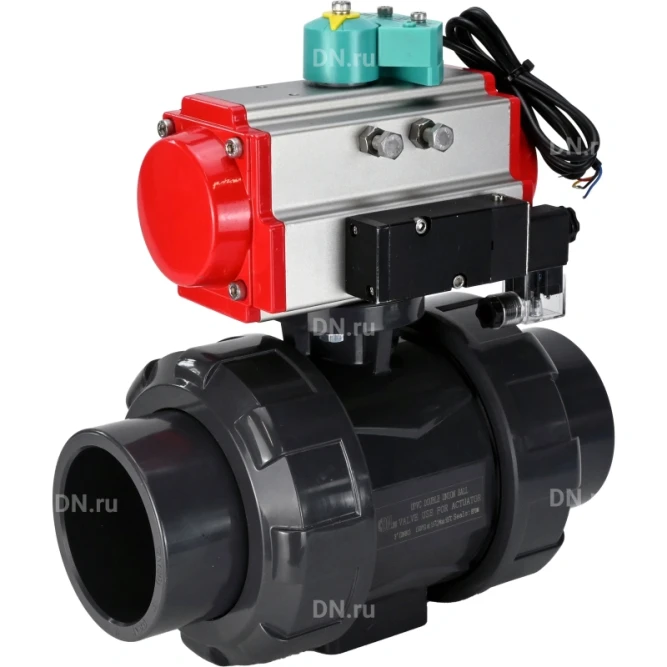 Кран шаровой BV4242E-FP-GRM-ISO Дн40 Ру10 полнопроходной, корпус - НПВХ, шар - НПВХ, уплотнение - EPDM, с пневмоприводом PA-SA-065, пневмораспределителем 4M310-08 DC24V и магнитным переключателем ALS200D