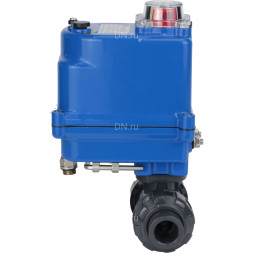 Кран шаровой BV4242E-FP-GRM-ISO Дн40 Ру10 полнопроходной, клеевой с разборным муфтовым соединением, корпус - НПВХ, шар - НПВХ, уплотнение - EPDM, с электроприводом QT-N-003EM-O1-220VAC-У1 blue