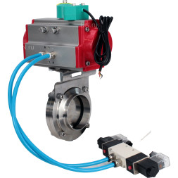 Затвор дисковый поворотный WBV3131E-2W-W-H Ду80 Ру10 под приварку, пищевая нержавеющая сталь 304, уплотнение - EPDM, с пневмоприводом PA-DA-052, пневмораспределителем 4V320-10 AC220V и магнитным переключателем ALS200D