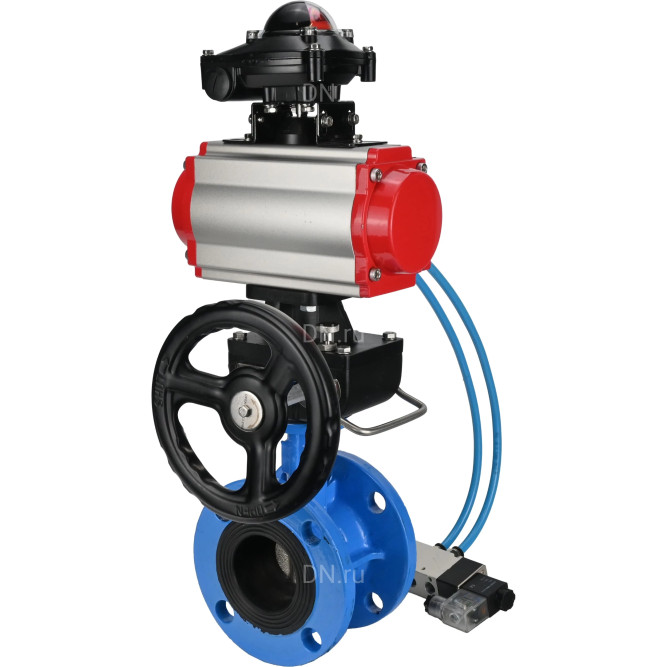 Затвор дисковый поворотный WBV1313E-2W-F-H Ду150 Ру16 фланцевый чугун GGG40, диск - чугун GGG40, EPDM, с пневмоприводом PA-DA-130, пневмораспределителем 4V320-10 AC220V, БКВ APL-210N и ручным дублером MON1-250-T26-ISO