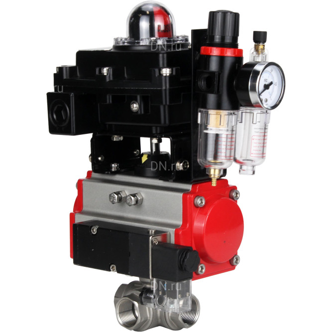 Кран шаровой BV3232P(4pc)-SP-3WL-T-ISO-H Ду25 Ру63 стандартнопроходной трехходовой L-тип, нержавеющая сталь SS316, внутренняя резьба, PTFE, пн.приводом PA-SA-052, пн.распределителем 4M310-08 AC220V, БКВ APL-410N EX и БПВ AFC2000