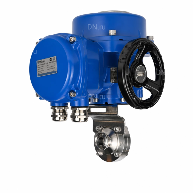 Затвор дисковый поворотный WBV3131S-2W-C-H Ду32 Ру10 кламповый, корпус - пищевая нержавеющая сталь 304, уплотнение - Silicon, с электроприводом QT-N-005M-O2-220VAC-У1 с моментной муфтой и штурвалом