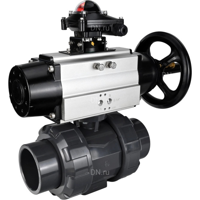 Кран шаровой BV4242E-FP-GRM-ISO Дн32 Ру10 полнопроходной, корпус - НПВХ, шар - НПВХ, уплотнение - EPDM, с пневмоприводом PA-DA-105-1 и БКВ APL-210N