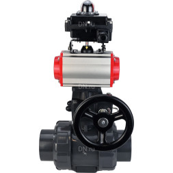 Кран шаровой BV4242E-FP-GRM-ISO Дн40 Ру10 полнопроходной, корпус - НПВХ, шар - НПВХ, уплотнение - EPDM, с пневмоприводом PA-DA-052, пневмораспределителем 4M310-08 AC220V, ручным дублером MON1-250-T26-ISO и БКВ APL-410N EX