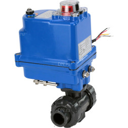 Кран шаровой BV4242E-FP-GRM-ISO Дн15 Ру10 полнопроходной, клеевой с разборным муфтовым соединением, корпус - НПВХ, шар - НПВХ, уплотнение - EPDM, с электроприводом QT-N-003EM-O1-24VDC-У1 blue