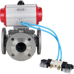 Кран шаровой BV3232P(4pc)-FP-3WL-F Ду40 Ру16 полнопроходной трехходовой, фланцевый, корпус - нержавеющая сталь SS316, с пневмоприводом PA-DA-065 двойного действия и пневмораспределителем 4V320-10 AC220V