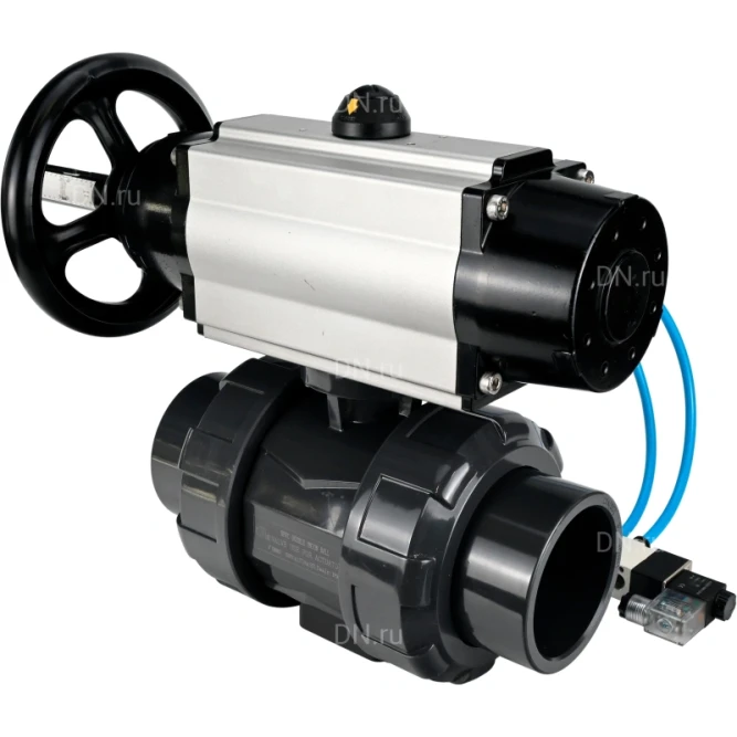 Кран шаровой BV4242E-FP-GRM-ISO Дн20 Ру10 полнопроходной, корпус - НПВХ, шар - НПВХ, уплотнение - EPDM, с пневмоприводом PA-DA-105-1 и пневмораспределителем 4V320-08 AC220V