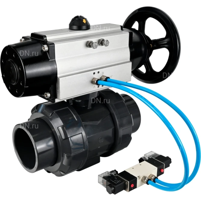 Кран шаровой BV4242E-FP-GRM-ISO Дн20 Ру10 полнопроходной, корпус - НПВХ, шар - НПВХ, уплотнение - EPDM, с пневмоприводом PA-DA-105-1 и пневмораспределителем 4V320-08 AC220V