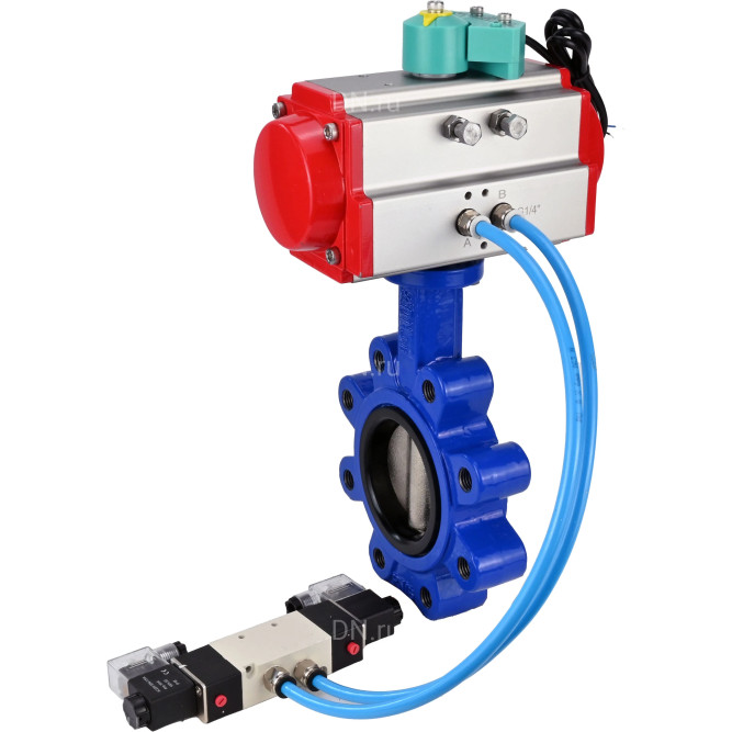 Затвор дисковый поворотный WBV1616E-2W-Fb-H Ду125 Ру16 LUG корпус - чугун QT450, диск - чугун QT450, уплотнение - EPDM, с пневмоприводом PA-DA-105, пневмораспределителем 4V320-08 AC220V и магнитным переключателем ALS200D