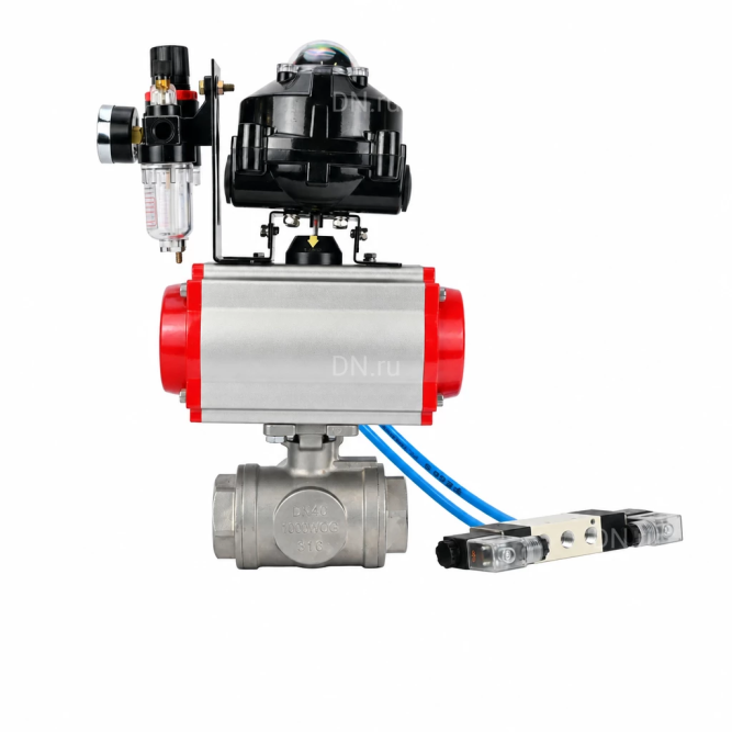 Кран шаровой BV3232P(4pc)-SP-3WL-T-ISO-H WDVF Ду40 Ру63 стандартнопроходной, 3-ходовой L-тип, внутренняя резьба, нержавеющая сталь AISI 316, PTFE, с пневмоприводом PA-DA-083, пневмораспределителем 4V320-10 AC220V, БКВ APL-510N EX и БПВ AFC2000