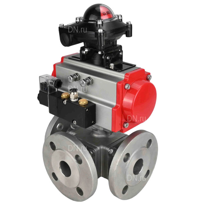 Кран шаровой BV3232P(4pc)-FP-3WL-F Ду40 Ру16 полнопроходной трехходовой, фланцевый, корпус - нержавеющая сталь SS316, с пневмоприводом PA-DA-065 двойного действия, пневмораспределителем 4M310-08 DC24V и БКВ APL-210N