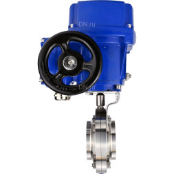 Затвор дисковый поворотный WBV3131S-2W-W-H Ду32 Ру10 под приварку, корпус - пищевая нержавеющая сталь 304, уплотнение - Silicon, с электроприводом QT-N-005M-O2-380VAC-У1 с моментной муфтой и штурвалом
