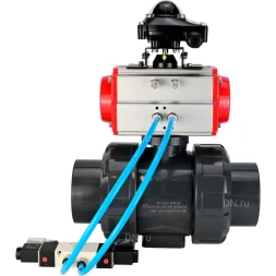 Кран шаровой BV4242E-FP-GRM-ISO Дн40 Ру10 полнопроходной, корпус - НПВХ, шар - НПВХ, уплотнение - EPDM, с пневмоприводом PA-SA-065, пневмораспределителем 4V320-08 AC220V и БКВ APL-210N