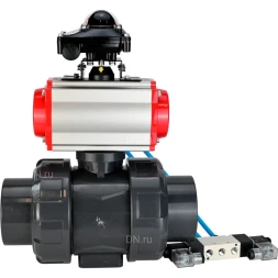Кран шаровой BV4242E-FP-GRM-ISO Дн40 Ру10 полнопроходной, корпус - НПВХ, шар - НПВХ, уплотнение - EPDM, с пневмоприводом PA-SA-065, пневмораспределителем 4V320-08 AC220V и БКВ APL-210N