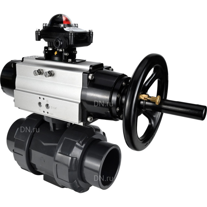 Кран шаровой BV4242E-FP-GRM-ISO Дн65 Ру10 полнопроходной, корпус - НПВХ, шар - НПВХ, уплотнение - EPDM, с пневмоприводом PA-DA-105-1 и БКВ APL-210N