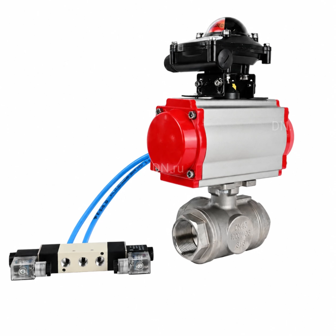 Кран шаровой BV3232P(4pc)-SP-3WL-T-ISO-H WDVF Ду40 Ру63 стандартнопроходной, 3-ходовой L-тип, внутренняя резьба, нержавеющая сталь AISI 316, PTFE, с пневмоприводом PA-SA-130, пневмораспределителем 4V320-08 AC220V и БКВ APL-210N
