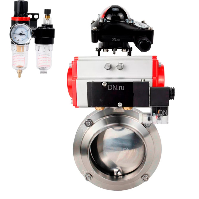 Затвор дисковый поворотный WBV3131S-2W-W-H Ду20 Ру10 под приварку, пищевая нержавеющая сталь 304, уплотнение – Silicon, с пневмоприводом PA-SA-065, пневмораспределителем 4M310-08 AC220V, БКВ APL-210N и БПВ AFC2000