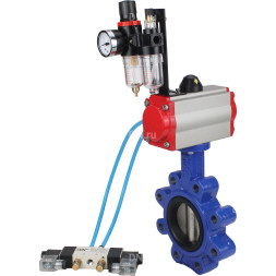 Затвор дисковый поворотный WBV1616E-2W-Fb-H Ду125 Ру16 LUG корпус - чугун QT450, диск - чугун QT450, уплотнение - EPDM, с пневмоприводом PA-DA-105, пневмораспределителем 4V320-08 AC220V и БПВ AFC2000