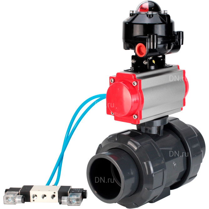 Кран шаровой BV4242E-FP-GRM-ISO Дн65 Ру10 полнопроходной, корпус - НПВХ, шар - НПВХ, уплотнение - EPDM, с пневмоприводом PA-DA-065, пневмораспределителем 4V320-08 AC220V и БКВ APL-510N EX