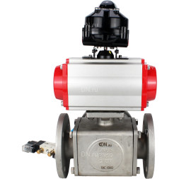 Кран шаровой BV3232P(4pc)-FP-3WL-F Ду80 Ру16 полнопроходной трехходовой, фланцевый, корпус - нержавеющая сталь SS316, с пневмоприводом PA-DA-105 двойного действия, пневмораспределителем 4V320-08 AC220V и БКВ APL-510N EX