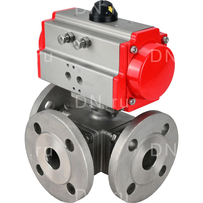 Кран шаровой BV3232P(4pc)-FP-3WL-F Ду40 Ру16 полнопроходной трехходовой, фланцевый, корпус - нержавеющая сталь SS316, с пневмоприводом PA-SA-105 с возвратными пружинами