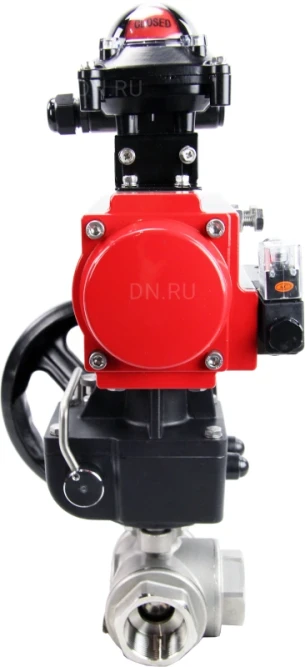 Кран шаровой BV3232P(4pc)-SP-3WL-T-ISO-H Ду20 Ру63 стандартнопроходной трехходовой L-тип, нерж. сталь SS316, внутренняя резьба, PTFE, пн.приводом PA-DA-065, пн.распределителем 4M310-08 AC220V, БКВ APL-210N и ручным дублером MON1-250-T26-ISO