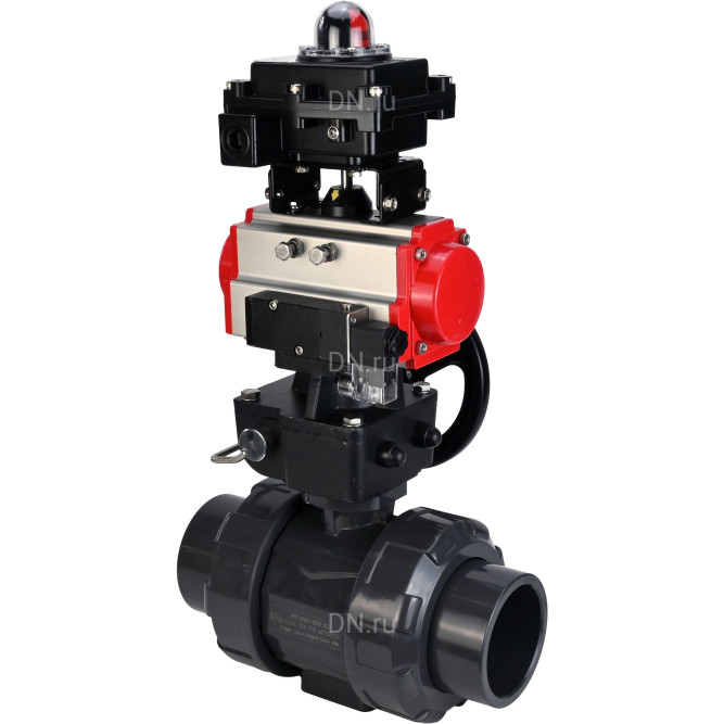 Кран шаровой BV4242E-FP-GRM-ISO Дн15 Ру10 полнопроходной, корпус - НПВХ, шар - НПВХ, уплотнение - EPDM, с пневмоприводом PA-DA-052, пневмораспределителем 4M310-08 DC24V, ручным дублером MON1-250-T26-ISO и БКВ APL-410N EX