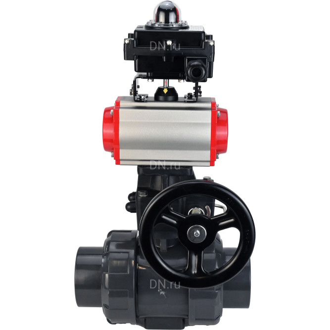 Кран шаровой BV4242E-FP-GRM-ISO Дн15 Ру10 полнопроходной, корпус - НПВХ, шар - НПВХ, уплотнение - EPDM, с пневмоприводом PA-DA-052, пневмораспределителем 4M310-08 DC24V, ручным дублером MON1-250-T26-ISO и БКВ APL-410N EX