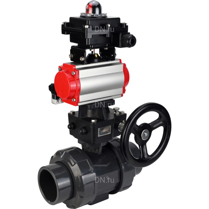 Кран шаровой BV4242E-FP-GRM-ISO Дн20 Ру10 полнопроходной, корпус - НПВХ, шар - НПВХ, уплотнение - EPDM, с пневмоприводом PA-DA-052, пневмораспределителем 4M310-08 DC24V, ручным дублером MON1-250-T26-ISO и БКВ APL-410N EX