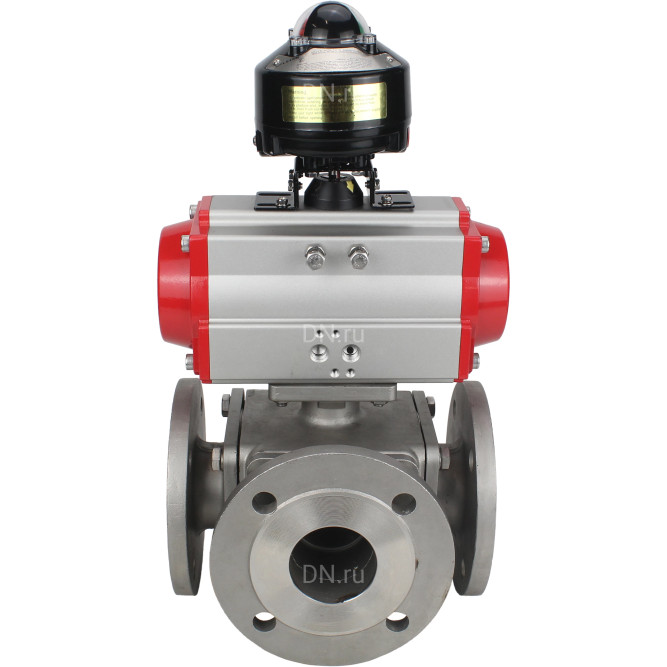Кран шаровой BV3232P(4pc)-FP-3WL-F Ду20 Ру16 полнопроходной трехходовой, фланцевый, корпус - нержавеющая сталь SS316, с пневмоприводом PA-DA-052 двойного действия и БКВ APL-510N EX