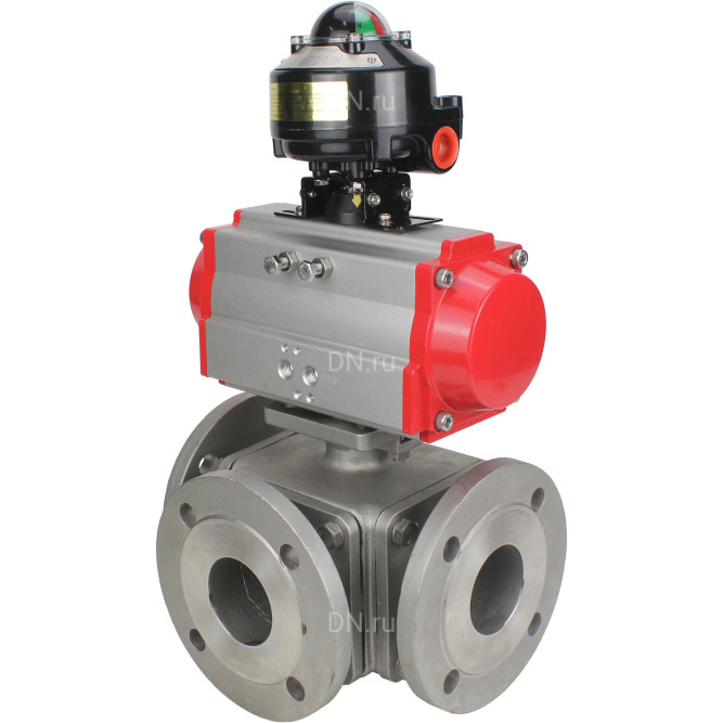 Кран шаровой BV3232P(4pc)-FP-3WL-F Ду20 Ру16 полнопроходной трехходовой, фланцевый, корпус - нержавеющая сталь SS316, с пневмоприводом PA-DA-052 двойного действия и БКВ APL-510N EX