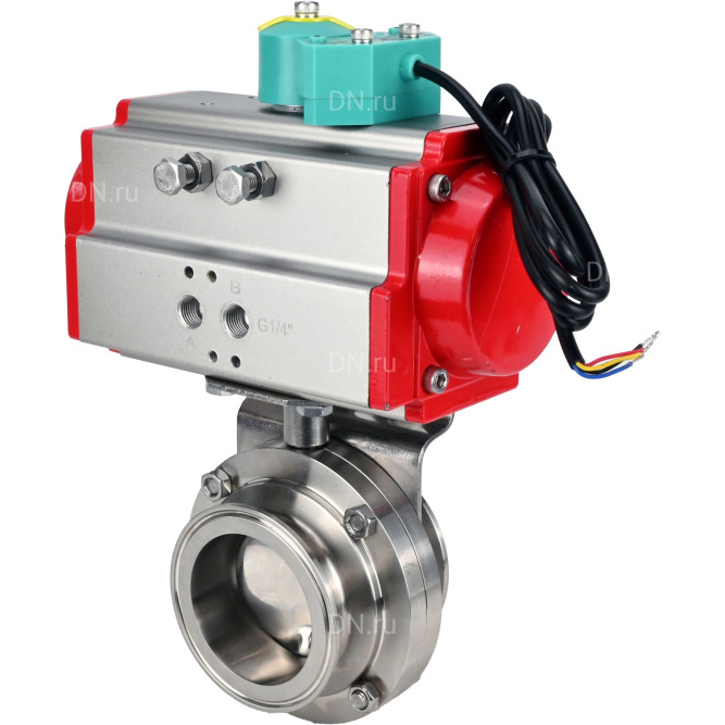 Затвор дисковый поворотный кламповый WBV3131S-2W-C-H Ду20 Ру10 корпус - пищевая нержавеющая сталь 304, уплотнение - Silicon, с пневмоприводом PA-DA-052 и магнитным переключателем ALS200D