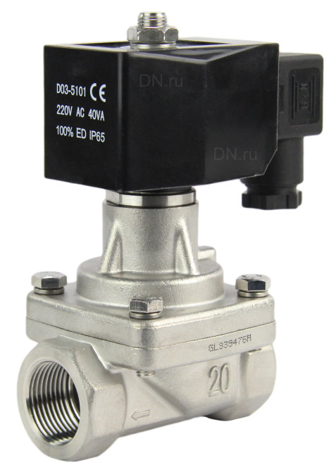 Клапан электромагнитный VS731-PT-NC-24VAC 1 1/2″ Ду40 Ру5 прямого действия двухходовой, корпус - сталь нержавеющая 304, присоединение - внутренняя резьба, уплотнение - PTFE, нормально-закрытый, катушка - 24 В AC