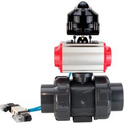 Кран шаровой BV4242E-FP-GRM-ISO Дн15 Ру10 полнопроходной, корпус - НПВХ, шар - НПВХ, уплотнение - EPDM, с пневмоприводом PA-SA-052, пневмораспределителем 4V320-08 AC220V и БКВ APL-510N EX