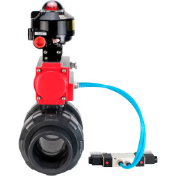Кран шаровой BV4242E-FP-GRM-ISO Дн20 Ру10 полнопроходной, корпус - НПВХ, шар - НПВХ, уплотнение - EPDM, с пневмоприводом PA-SA-052, пневмораспределителем 4V320-08 AC220V и БКВ APL-510N EX
