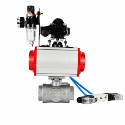 Кран шаровой BV3232P(4pc)-SP-3WL-T-ISO-H WDVF Ду40 Ру63 стандартнопроходной, 3-ходовой L-тип, внутренняя резьба, нержавеющая сталь AISI 316, PTFE, с пневмоприводом PA-DA-083, пневмораспределителем 4V320-10 AC220V, БКВ APL-210N и БПВ AFC2000
