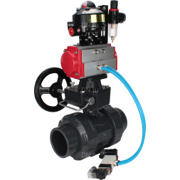 Кран шаровой BV4242E-FP-GRM-ISO Дн20 Ру10 полнопроходной, корпус - НПВХ, шар - НПВХ, уплотнение - EPDM, с пневмоприводом PA-DA-052, пневмораспределителем 4V320-10 AC220V, ручным дублером MON1-250-T26-ISO, БКВ APL-510N EX и БПВ AFC2000
