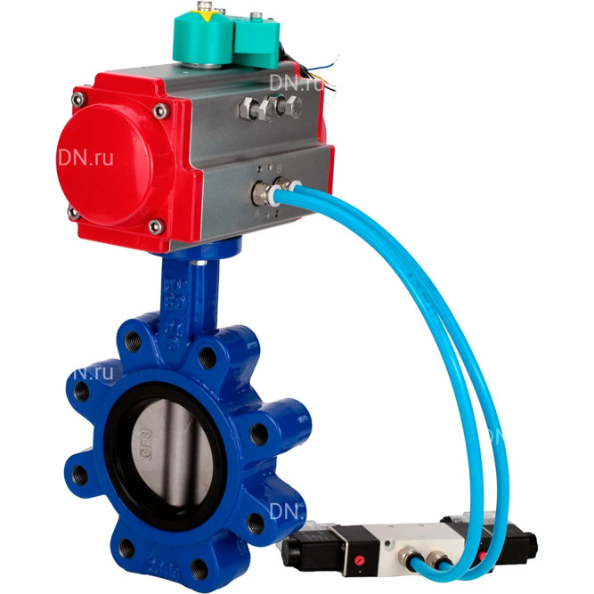 Затвор дисковый поворотный WBV1631E-2W-Fb-H Ду150 Ру16 LUG, корпус - чугун QT450, диск - нержавеющая сталь 304, уплотнение - EPDM, с пневмоприводом PA-DA-105, пневмораспределителем 4M320-08 AC220V и магнитным переключателем ALS200D