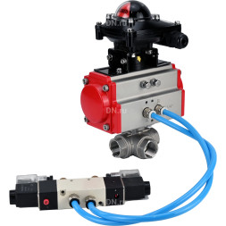 Кран шаровой BV3232P(4pc)-SP-3WL-T-ISO-H Ду10 Ру63, стандартнопроходной, четырехсоставной, корпус - нержавеющая сталь 316, уплотнение - PTFE, внутренняя резьба, с пневмоприводом PA-SA-052, пневмораспределителем 4V320-08 AC220V, БКВ APL-210N