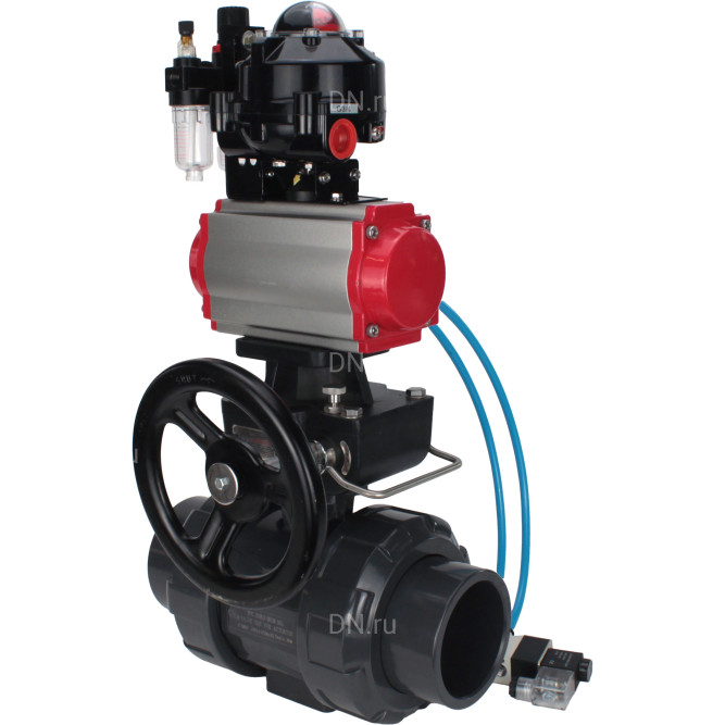 Кран шаровой BV4242E-FP-GRM-ISO Дн25 Ру10 полнопроходной, корпус - НПВХ, шар - НПВХ, уплотнение - EPDM, с пневмоприводом PA-DA-052, пневмораспределителем 4V320-10 AC220V, ручным дублером MON1-250-T26-ISO, БКВ APL-510N EX и БПВ AFC2000