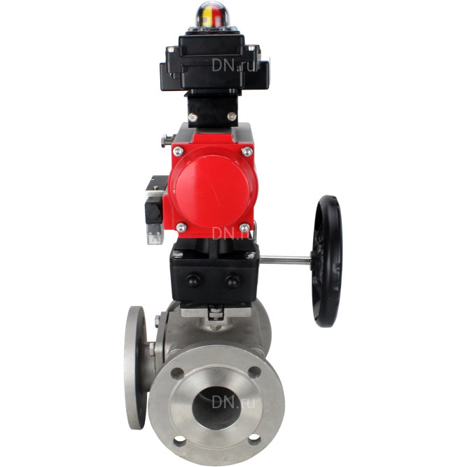 Кран шаровой BV3232P(4pc)-FP-3WL-F Ду15 Ру16 полнопроходной трехходовой, фланцевый, корпус - нержав.сталь SS316, пневмопривод PA-DA-052 двойн.действия, пневмораспределитель 4M310-08 DC24V, БКВ APL-410N EX и ручной дублер MON1-250-T26-ISO
