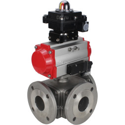Кран шаровой BV3232P(4pc)-FP-3WL-F Ду65 Ру16 полнопроходной трехходовой, фланцевый, корпус - нержавеющая сталь SS316, с пневмоприводом PA-DA-083 двойного действия, пневмораспределителем 4M310-08 DC24V и БКВ APL-410N EX