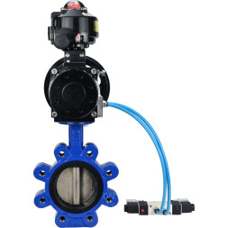 Затвор дисковый поворотный WBV1616E-2W-Fb-H Ду125 Ру16 LUG корпус - чугун QT450, диск - чугун QT450, уплотнение - EPDM, с пневмоприводом PA-DA-105-1, пневмораспределителем 4V320-10 AC220V и БКВ APL-510N EX