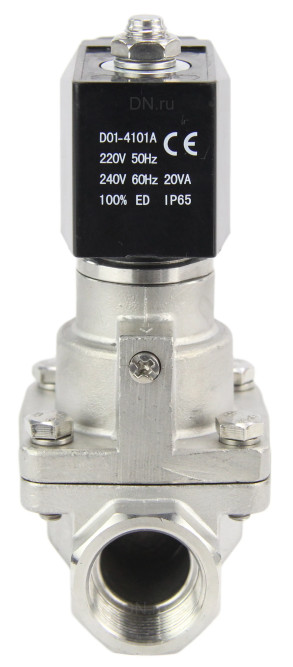 Клапан электромагнитный VS1031-PT-NC-24VAC 3/4″ Ду20 Ру16 соленоидный двухходовой поршневой, резьбовой, корпус - сталь нержавеющая 304, уплотнение - PTFE, пилотного действия, нормально закрытый, катушка - 24В AC
