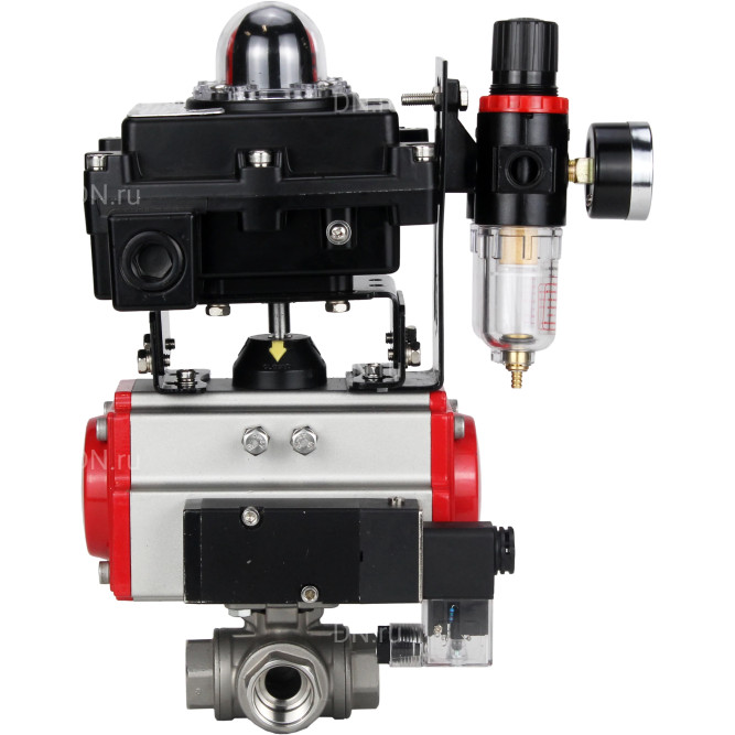 Кран шаровой BV3232P(4pc)-SP-3WL-T-ISO-H Ду50 Ру63 стандартнопроходной трехходовой L-тип, нержавеющая сталь SS316, внутренняя резьба, PTFE, пн.приводом PA-SA-083, пн.распределителем 4M310-08 DC24V, БКВ APL-410N EX и БПВ AFC2000
