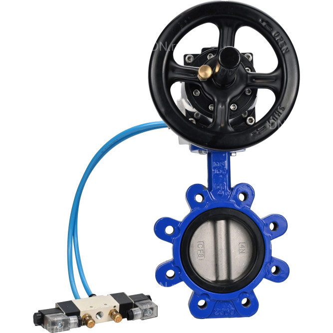 Затвор дисковый поворотный WBV1631E-2W-Fb-H Ду150 Ру16 LUG корпус - чугун QT450, диск - нержавеющая сталь 304, уплотнение - EPDM, с пневмоприводом PA-DA-105-1 и пневмораспределителем 4V320-08 AC220V